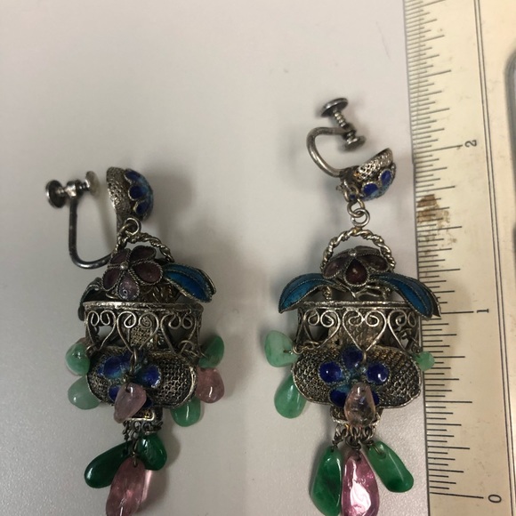 Antique art deco chinese silver tone tourmaline and jade enamel earrings - Picture 4 of 7